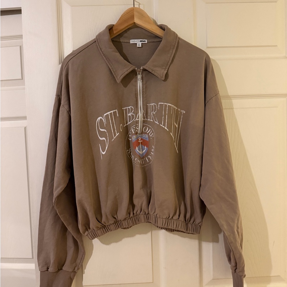 FASHION NOVA Taupe Half-Zip Collar Sweatshirt Jacket
